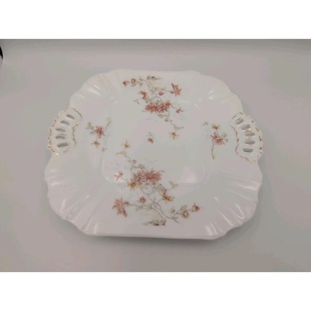 Vintage Leonard Vienna, Austria Porcelain Serving Plate, Floral w Cutout Handles